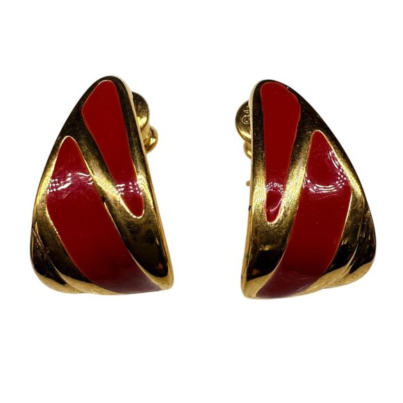 Vintage Monet Red Enamel Triangle Pierced Stud Earrings Gold Tone - Picture 1 of 4